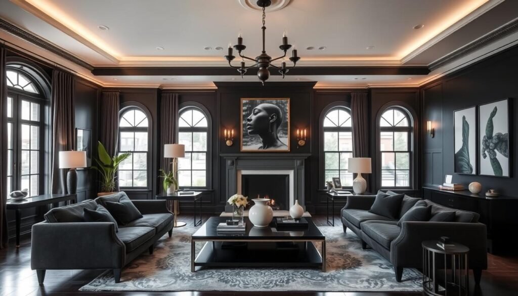 Stunning black living room showcasing perfect balance of drama and sophistication Stunning black living room showcasing perfect balance of drama and sophistication