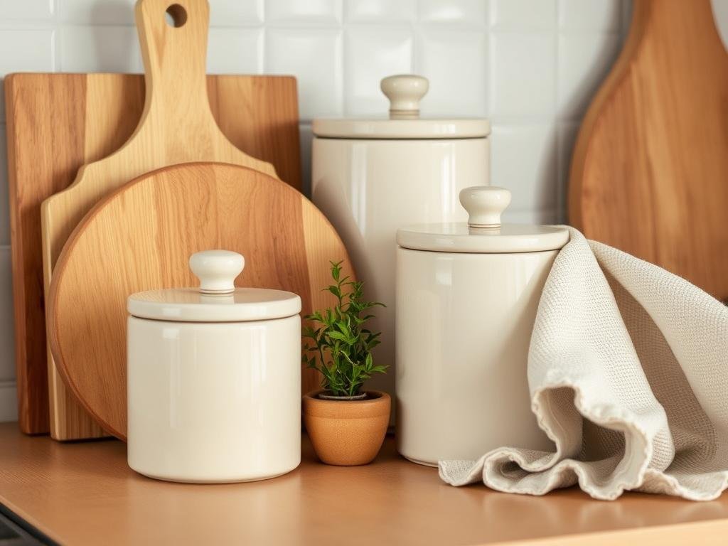 Styled kitchen counter vignette with wooden cutting boards, ceramic canisters, and fresh herbs Styled kitchen counter vignette with wooden cutting boards, ceramic canisters, and fresh herbs