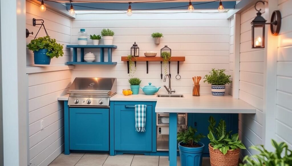 Styled small outdoor kitchen with cohesive color scheme