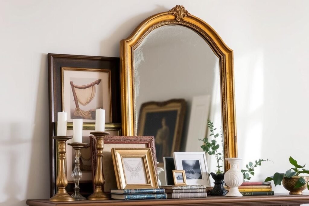 Styled vignette with a medium-sized antique mirror leaning on a mantel, layered with artwork and decorative objects Styled vignette with a medium-sized antique mirror leaning on a mantel, layered with artwork and decorative objects