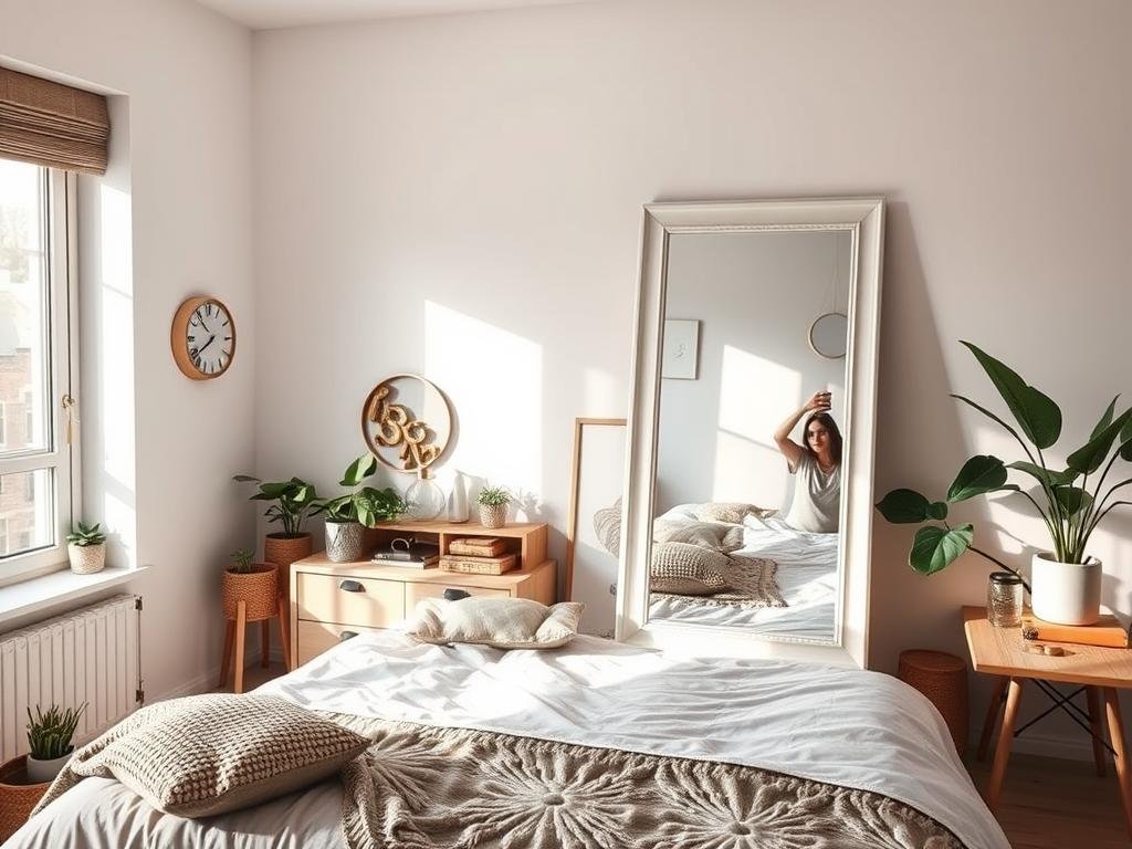 Stylish bedroom with full-length mirror perfect for aesthetic mirror selfies Stylish bedroom with full-length mirror perfect for aesthetic mirror selfies