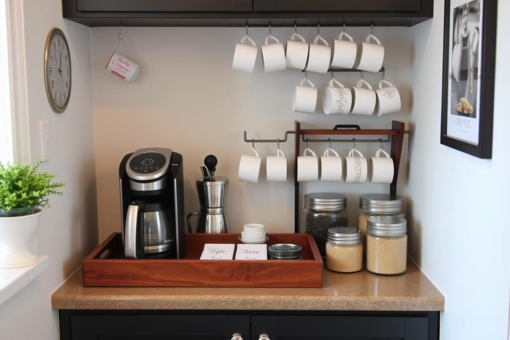 Stylish coffee station in kitchen corner with mugs and accessories