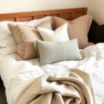 Stylish dorm room bedding with coordinated pillows and throw blanket