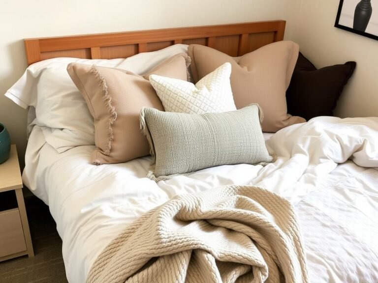 Stylish dorm room bedding with coordinated pillows and throw blanket