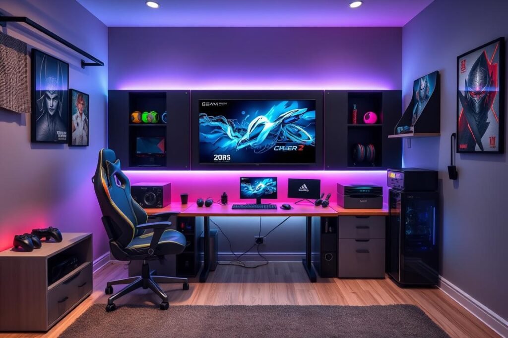 Stylish gaming setup in a teen bedroom with LED lighting and ergonomic furniture Stylish gaming setup in a teen bedroom with LED lighting and ergonomic furniture