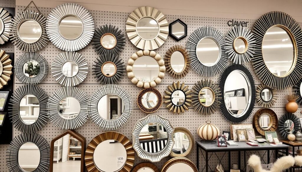 Stylish home decor store display of various mirror wall decor options Stylish home decor store display of various mirror wall decor options