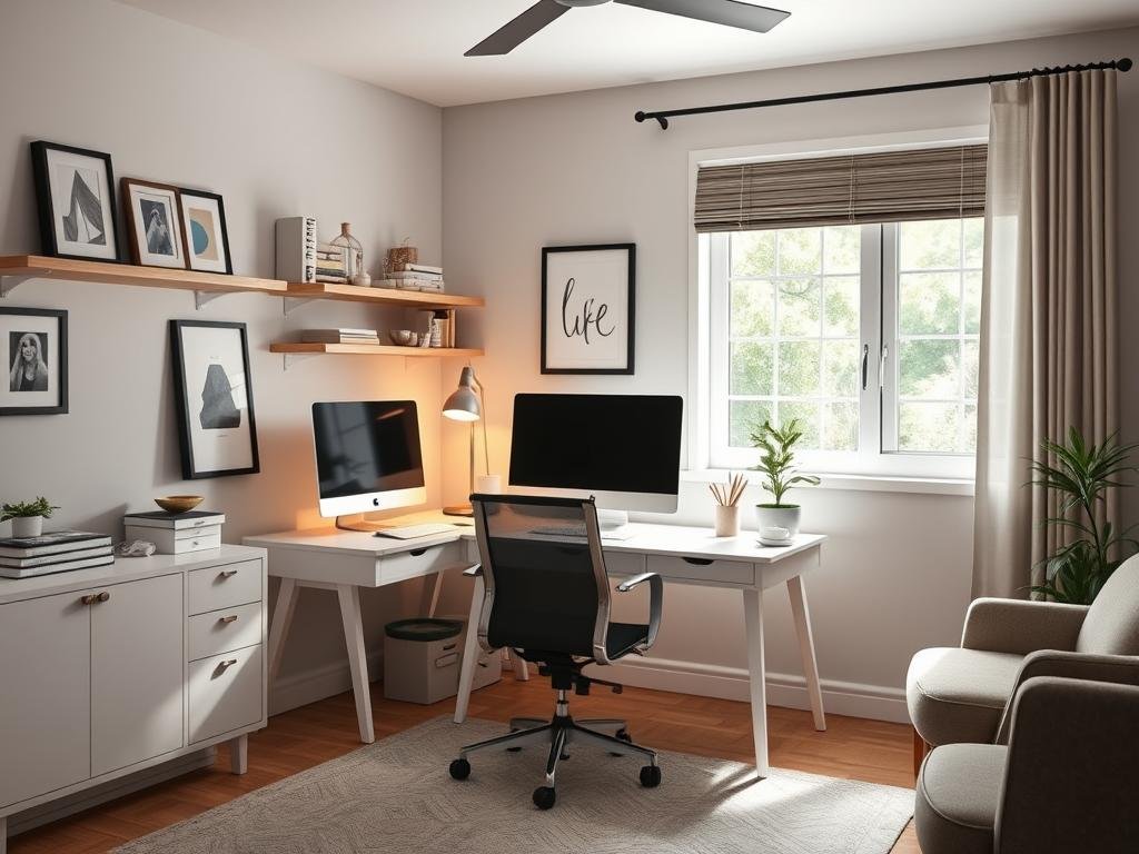 Stylish home office with functional workspace, organized storage, and inspiring decor Stylish home office with functional workspace, organized storage, and inspiring decor