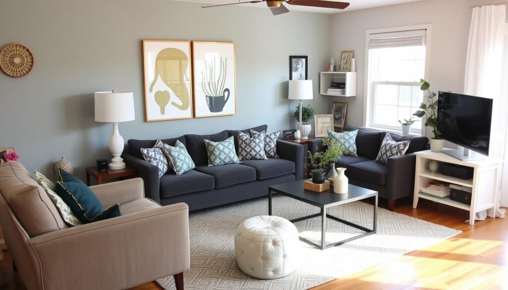 Stylish living room created with budget-friendly decor and DIY elements Stylish living room created with budget-friendly decor and DIY elements