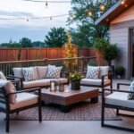 Stylish outdoor furniture set arranged on a spacious patio with decorative plants and outdoor lighting
