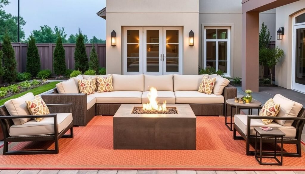 Stylish outdoor living space with sectional sofa, coffee table, and accent chairs around a fire pit