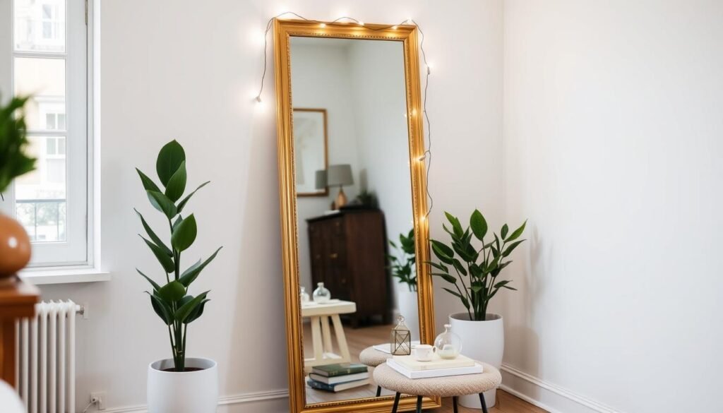 Stylishly decorated full length mirror with plants and lighting Stylishly decorated full length mirror with plants and lighting