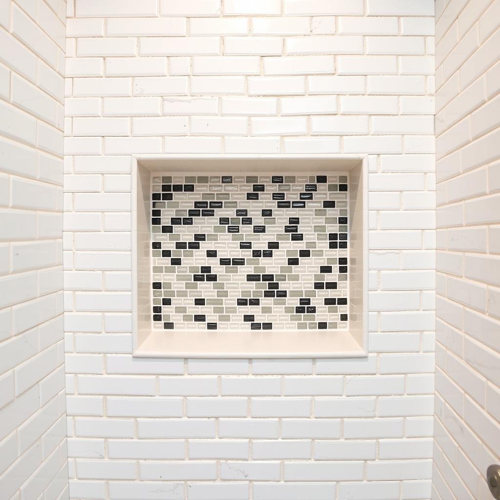 Subway tile shower surround with accent niche in master bathroom Subway tile shower surround with accent niche in master bathroom