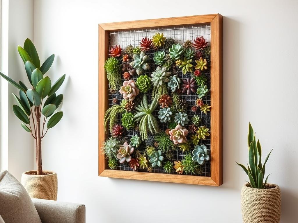 Succulent wall garden in a wooden frame with various succulents Succulent wall garden in a wooden frame with various succulents