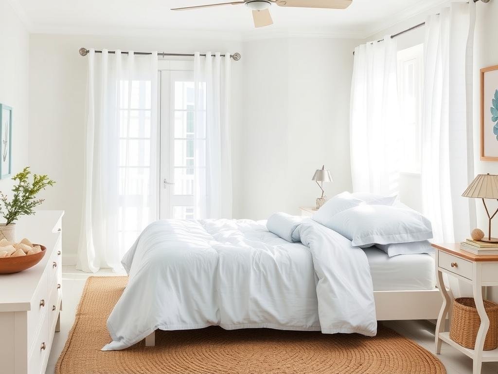 Summer bedroom with light linens, sheer curtains, and coastal accents