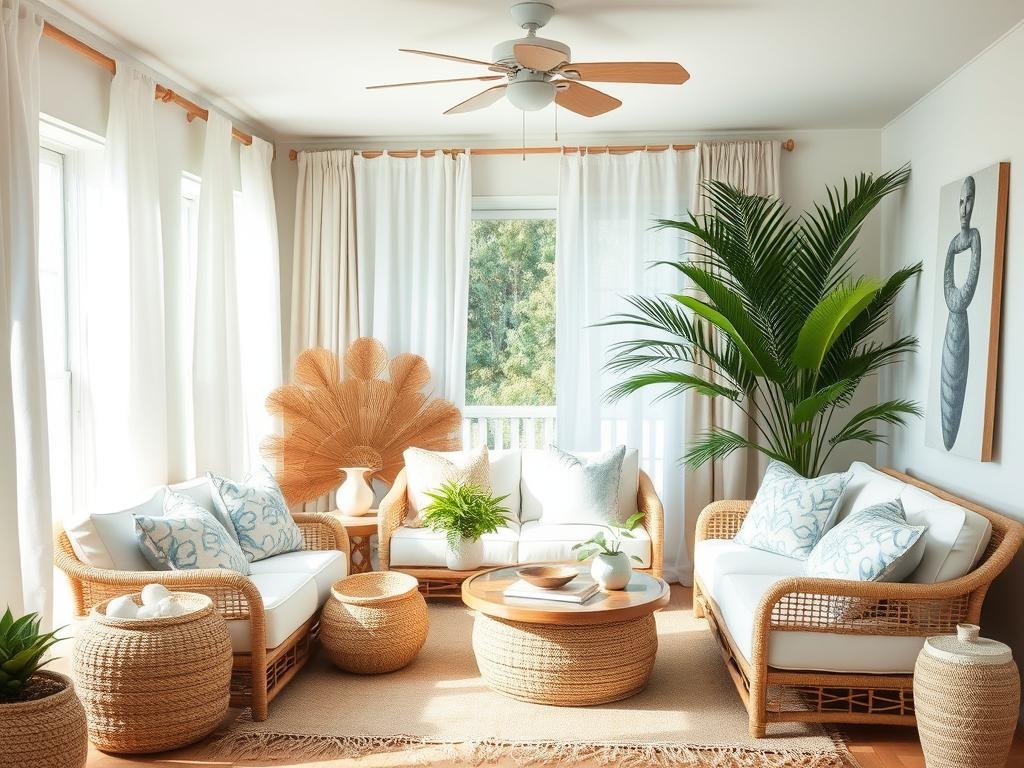 Summer-themed room with natural textures and coastal elements