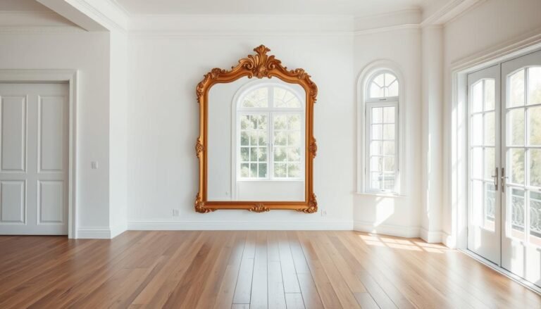 Sunlit living room with strategically placed decorative mirror reflecting natural light