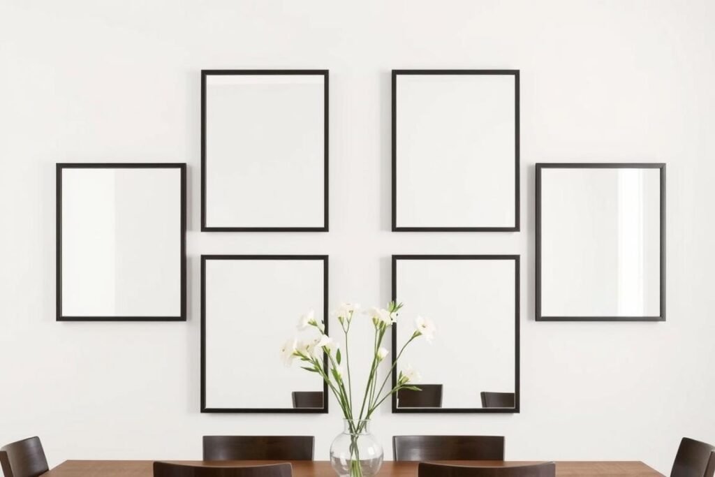 Symmetrical arrangement of identical mirrors on dining room wall Symmetrical arrangement of identical mirrors on dining room wall