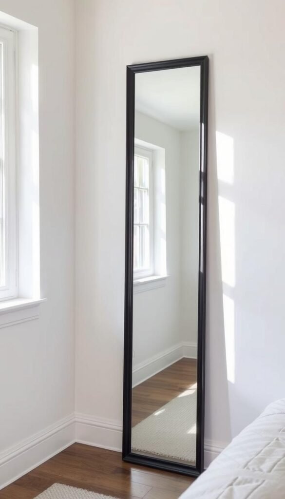 Tall leaning floor mirror in modern bedroom corner Tall leaning floor mirror in modern bedroom corner
