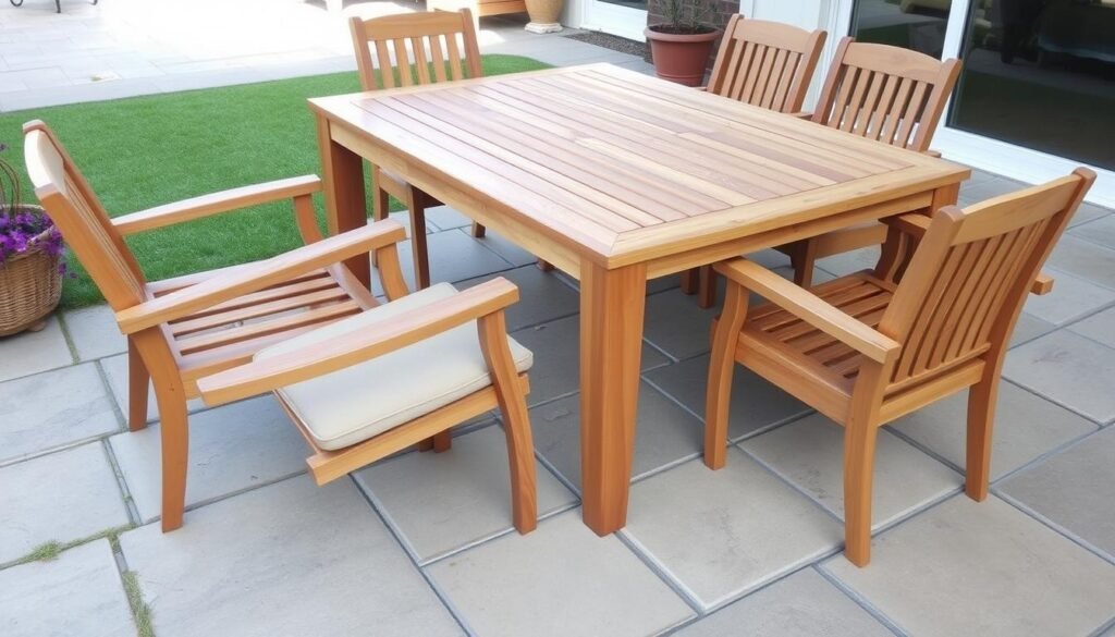 Teak outdoor dining set with chairs and table showing the beautiful wood grain Teak outdoor dining set with chairs and table showing the beautiful wood grain