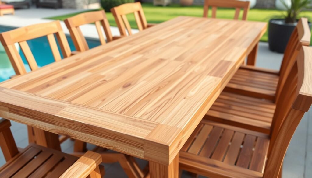 Teak wood outdoor furniture set showing natural grain and warm tones
