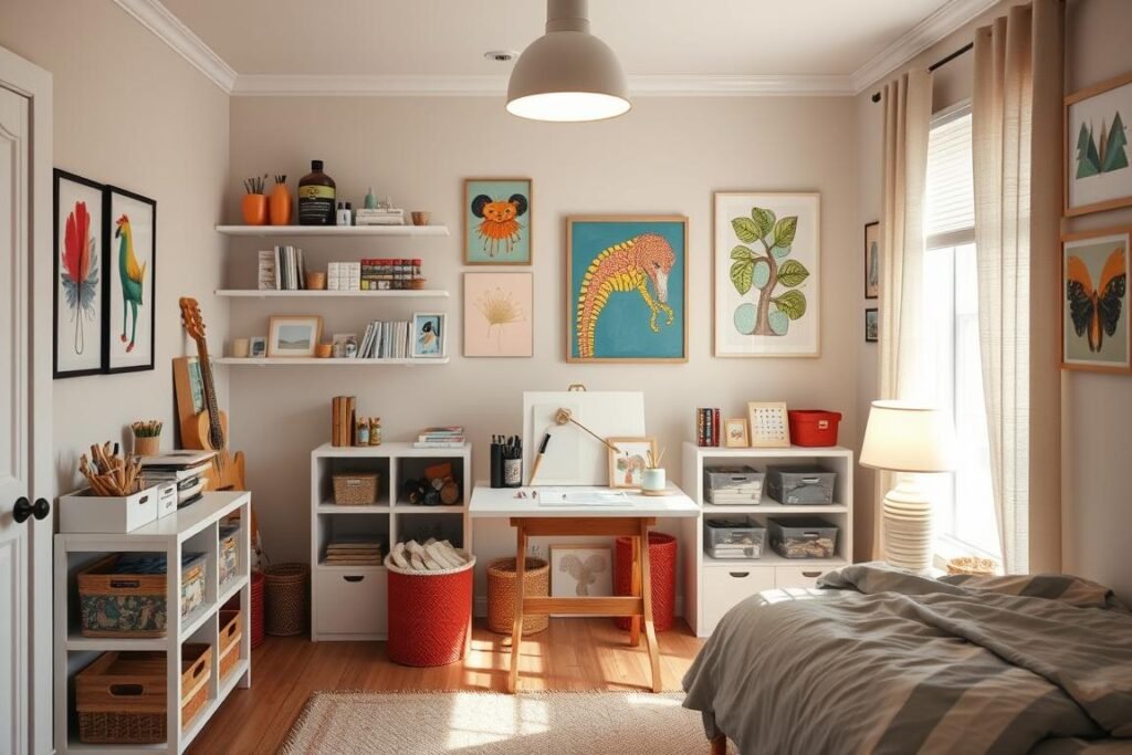 Teen bedroom creative corner with art supplies, crafting space, and inspirational elements Teen bedroom creative corner with art supplies, crafting space, and inspirational elements