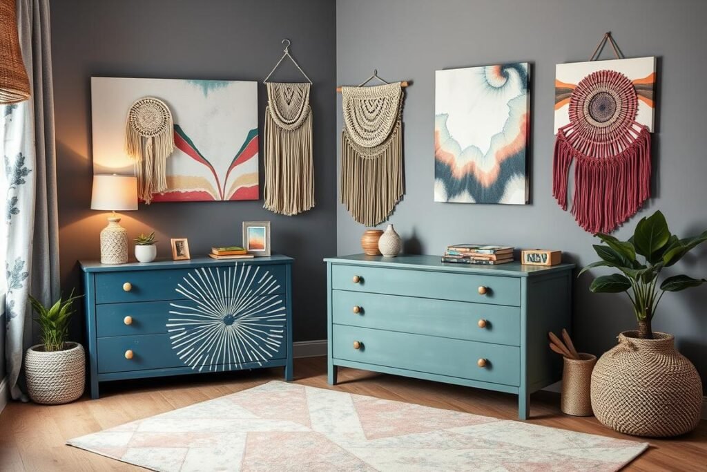 Teen bedroom featuring DIY decor projects like painted furniture, handmade wall art, or custom textiles Teen bedroom featuring DIY decor projects like painted furniture, handmade wall art, or custom textiles