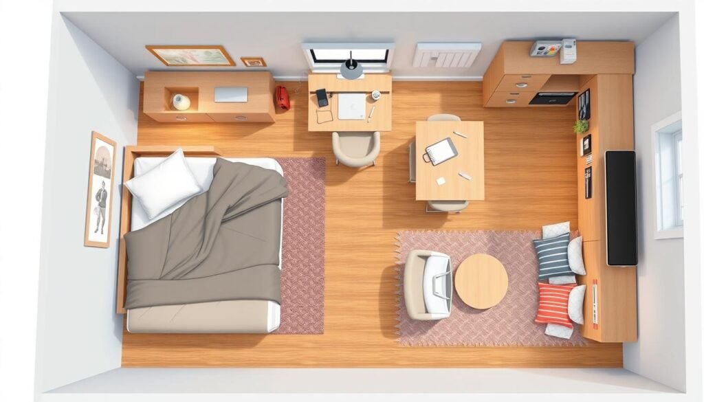 Teen bedroom layout showing different functional zones for sleeping, studying, socializing, and storage Teen bedroom layout showing different functional zones for sleeping, studying, socializing, and storage