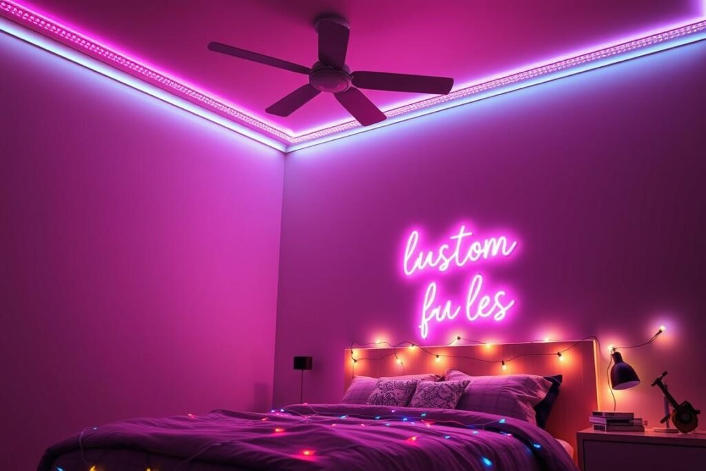 Teen bedroom with LED strip lights and neon signs creating a colorful ambiance Teen bedroom with LED strip lights and neon signs creating a colorful ambiance