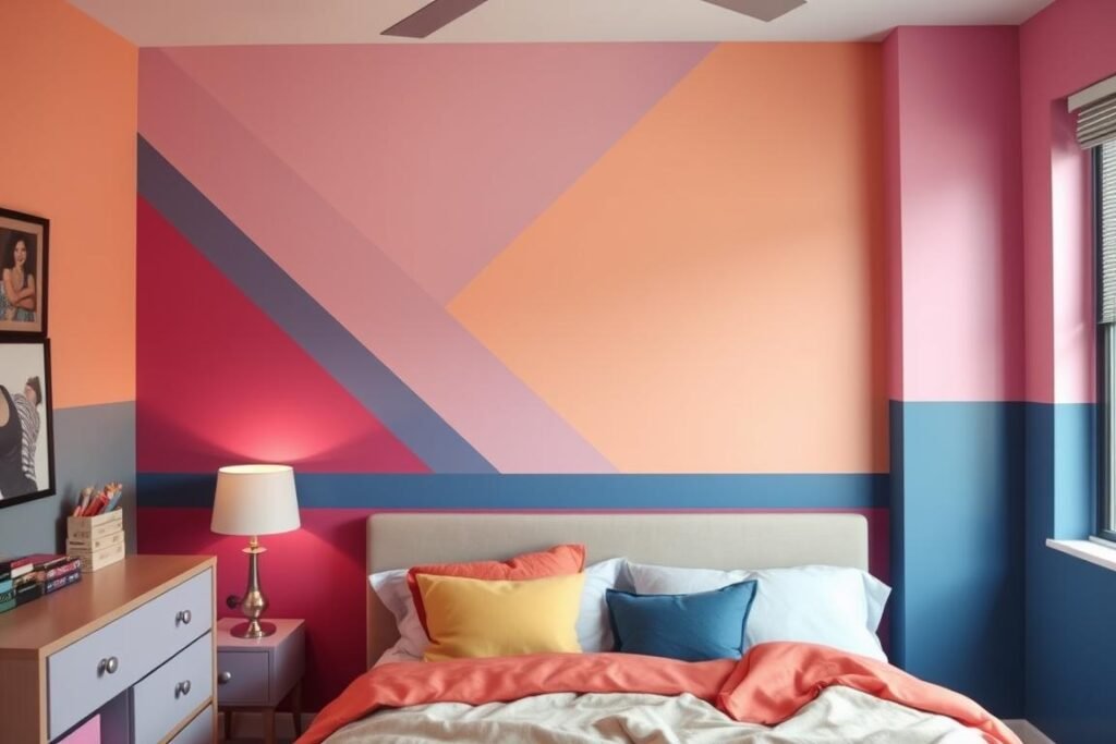 Teen bedroom with a creatively painted accent wall using geometric patterns or ombre technique Teen bedroom with a creatively painted accent wall using geometric patterns or ombre technique