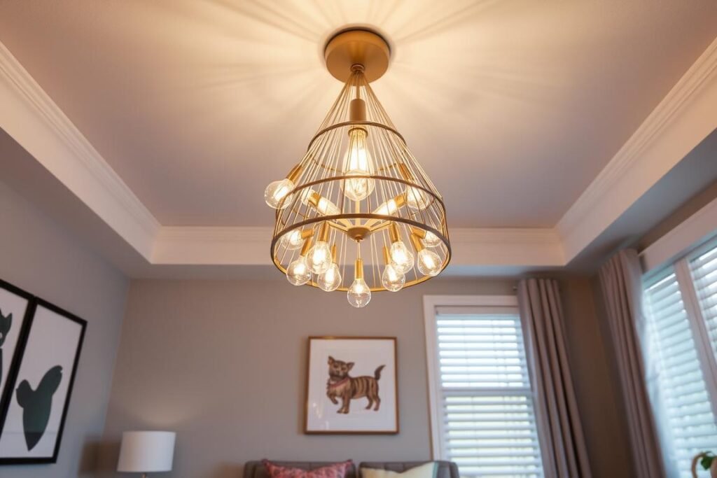 Teen bedroom with a statement lighting fixture that serves as a focal point Teen bedroom with a statement lighting fixture that serves as a focal point