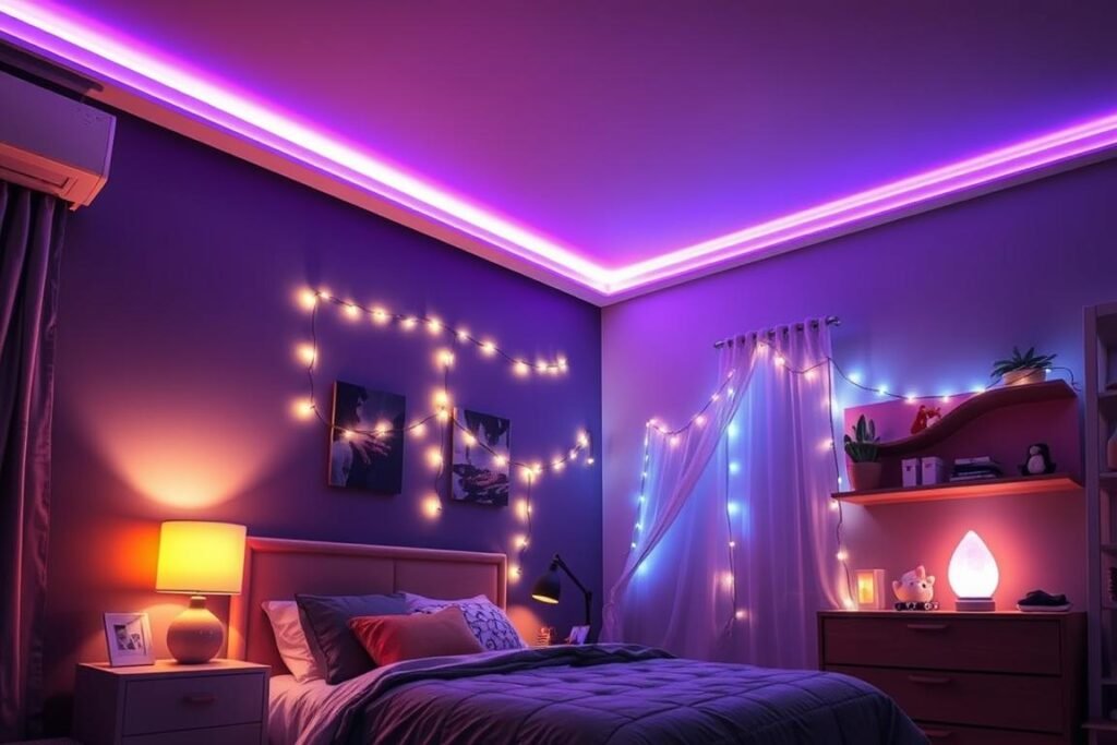 Teen bedroom with ambient lighting creating a warm, cozy atmosphere Teen bedroom with ambient lighting creating a warm, cozy atmosphere
