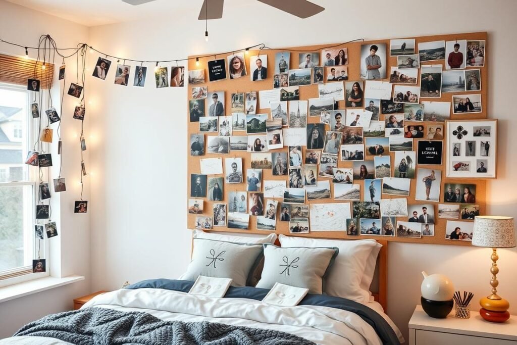 Teen bedroom with creative photo displays of friends, family, and experiences Teen bedroom with creative photo displays of friends, family, and experiences