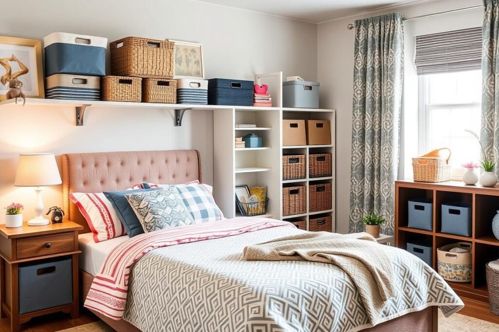 Teen bedroom with decorative storage bins and baskets that complement the room's aesthetic Teen bedroom with decorative storage bins and baskets that complement the room's aesthetic