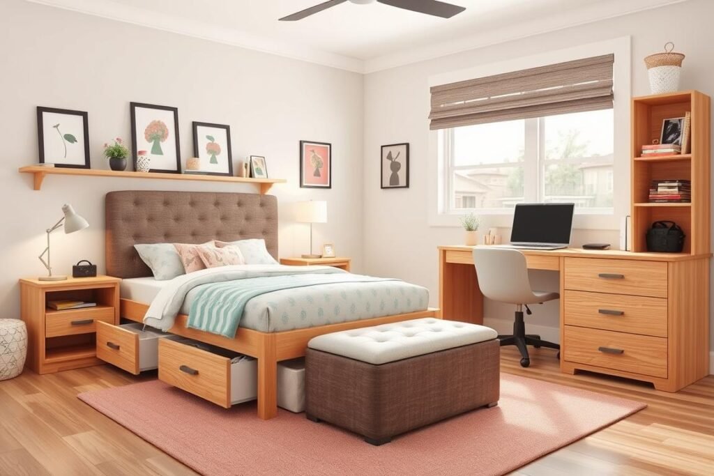 Teen bedroom with multifunctional furniture like storage ottomans, beds with drawers, and convertible desks Teen bedroom with multifunctional furniture like storage ottomans, beds with drawers, and convertible desks
