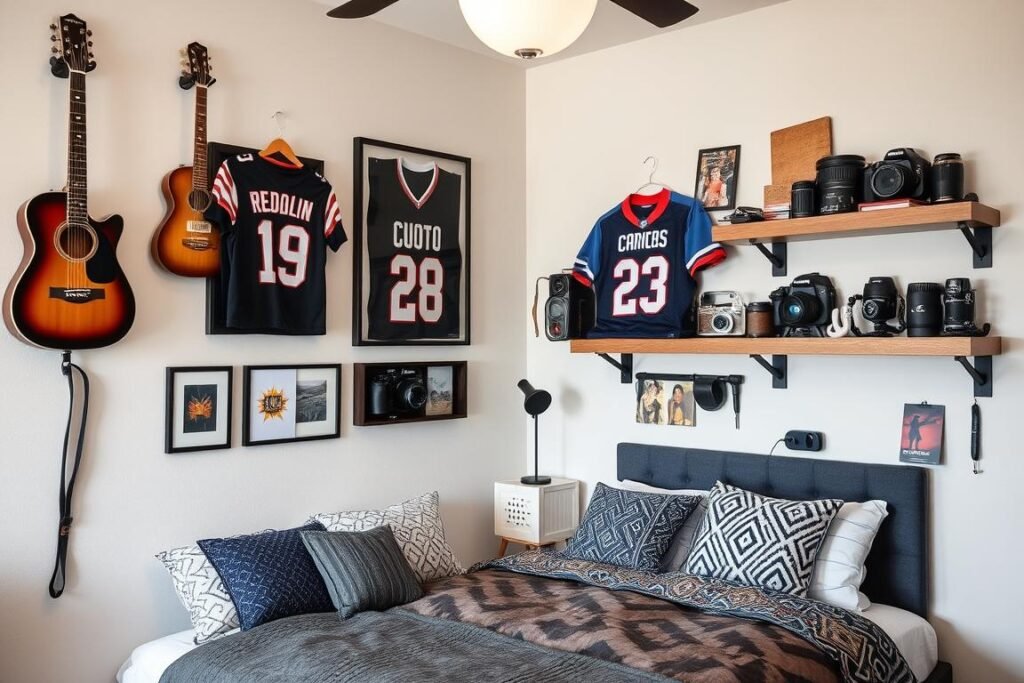 Teen bedroom with tasteful displays of hobbies and interests like sports, music, or art Teen bedroom with tasteful displays of hobbies and interests like sports, music, or art