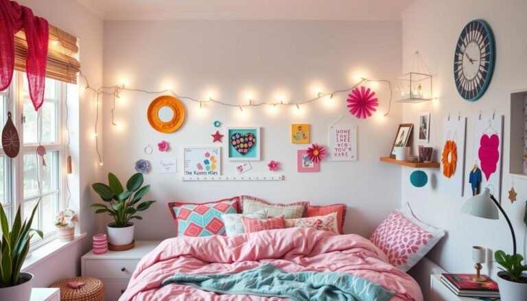 Teen bedroom with various DIY decorations including string lights, wall art, and colorful accessories