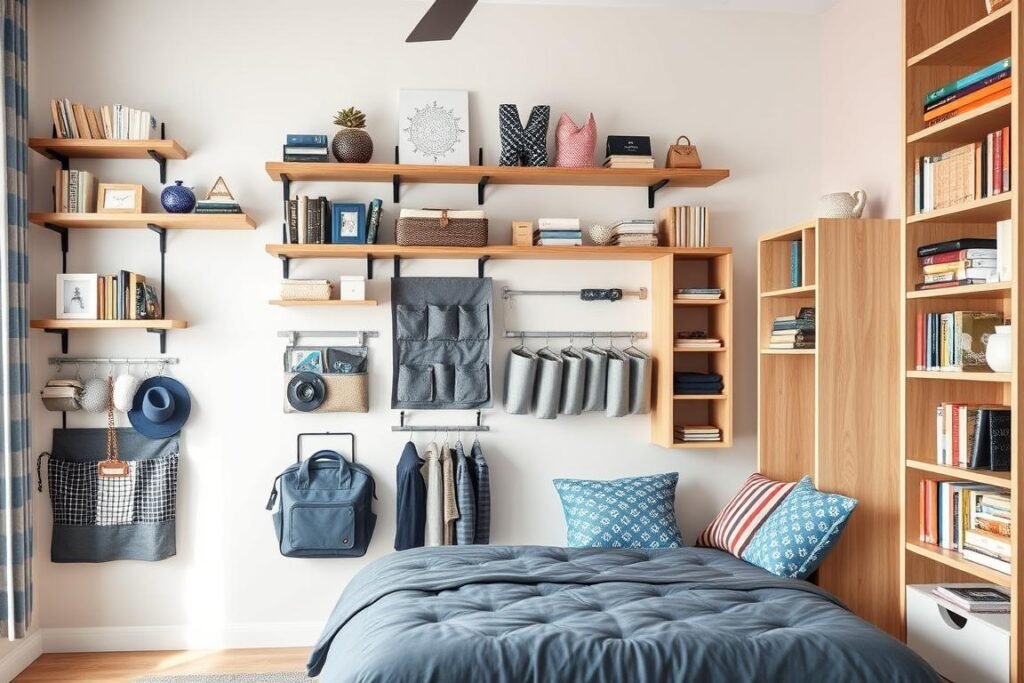 Teen bedroom with vertical storage solutions including floating shelves and wall organizers Teen bedroom with vertical storage solutions including floating shelves and wall organizers