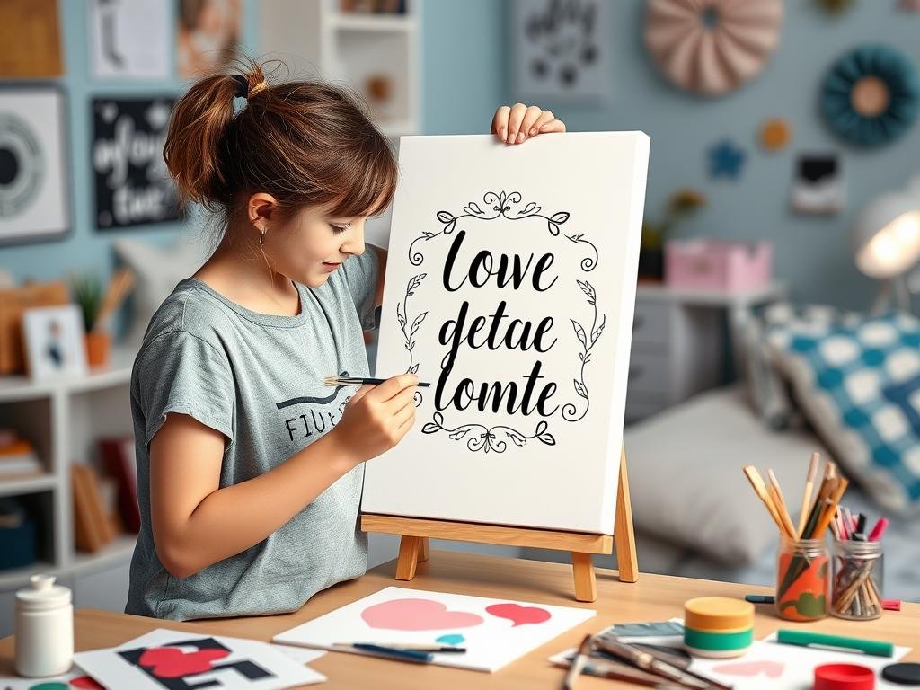 Teen creating personalized canvas art with paint and stencils Teen creating personalized canvas art with paint and stencils