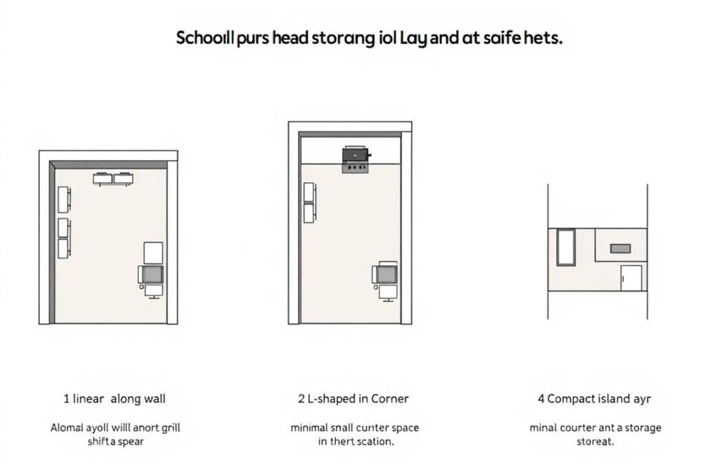 Three different small outdoor kitchen layouts: linear, L-shaped, and island designs