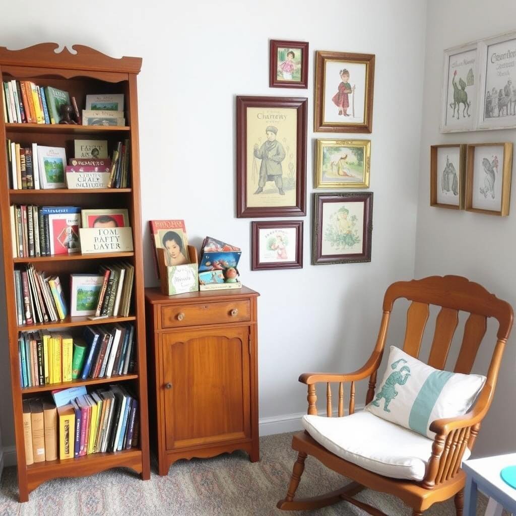 Thrifted and upcycled items in a baby room including vintage bookshelf and rocking chair