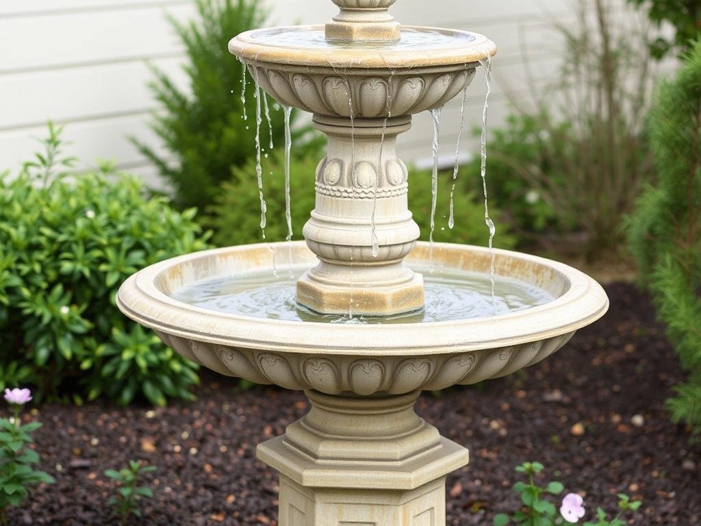 Tiered garden fountain with water cascading between levels