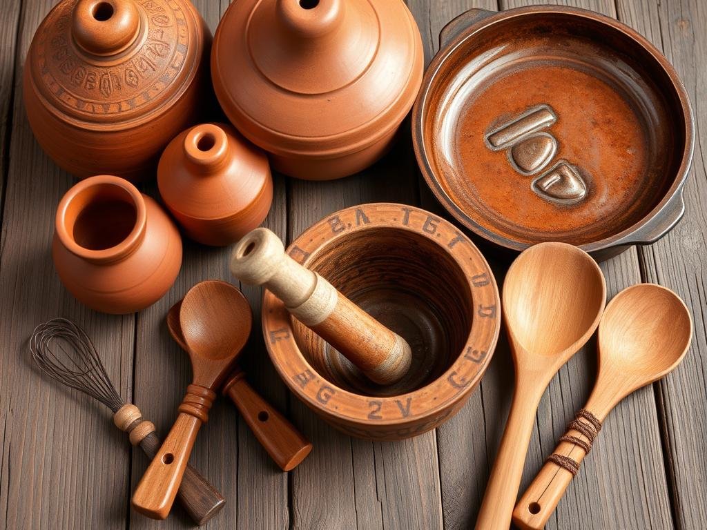 Traditional Mexican cooking equipment including clay cazuelas and a comal Traditional Mexican cooking equipment including clay cazuelas and a comal