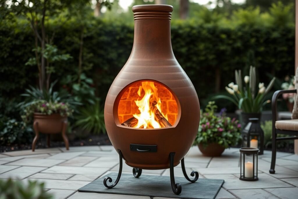 Traditional clay chiminea with fire glowing inside on a patio