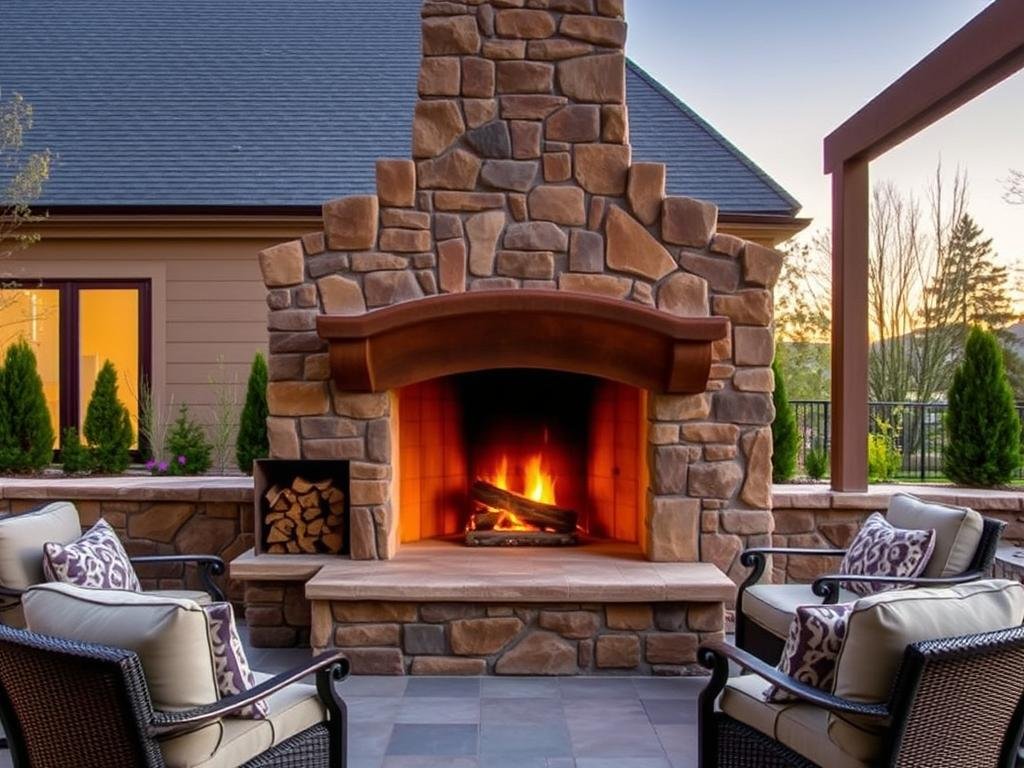 Traditional stone wood-burning outdoor fireplace with seating area