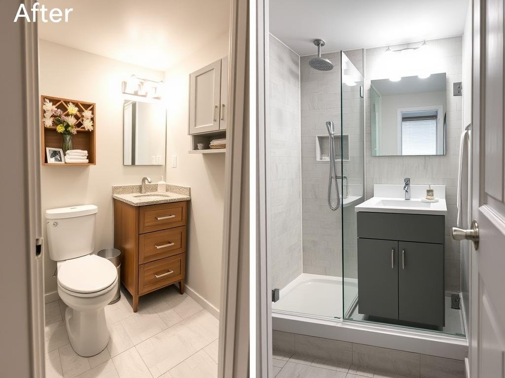 Transformed small master bathroom with space-saving features and bright design Transformed small master bathroom with space-saving features and bright design