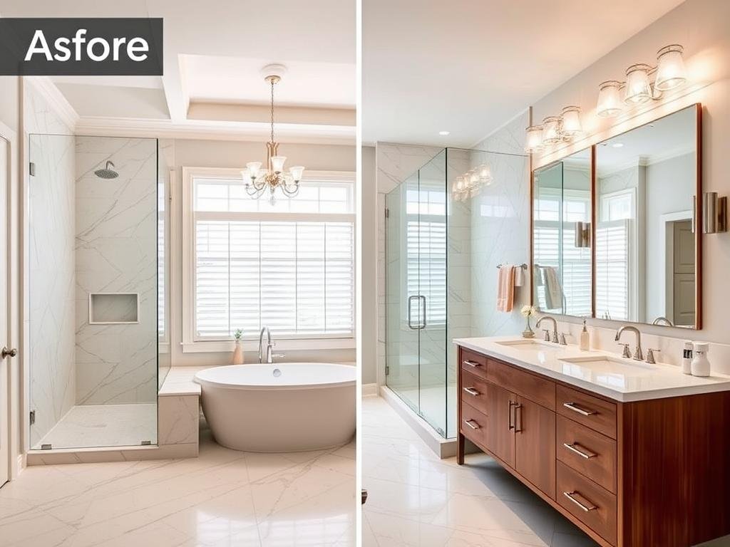 Transformed spa-like master bathroom with freestanding tub and walk-in shower Transformed spa-like master bathroom with freestanding tub and walk-in shower