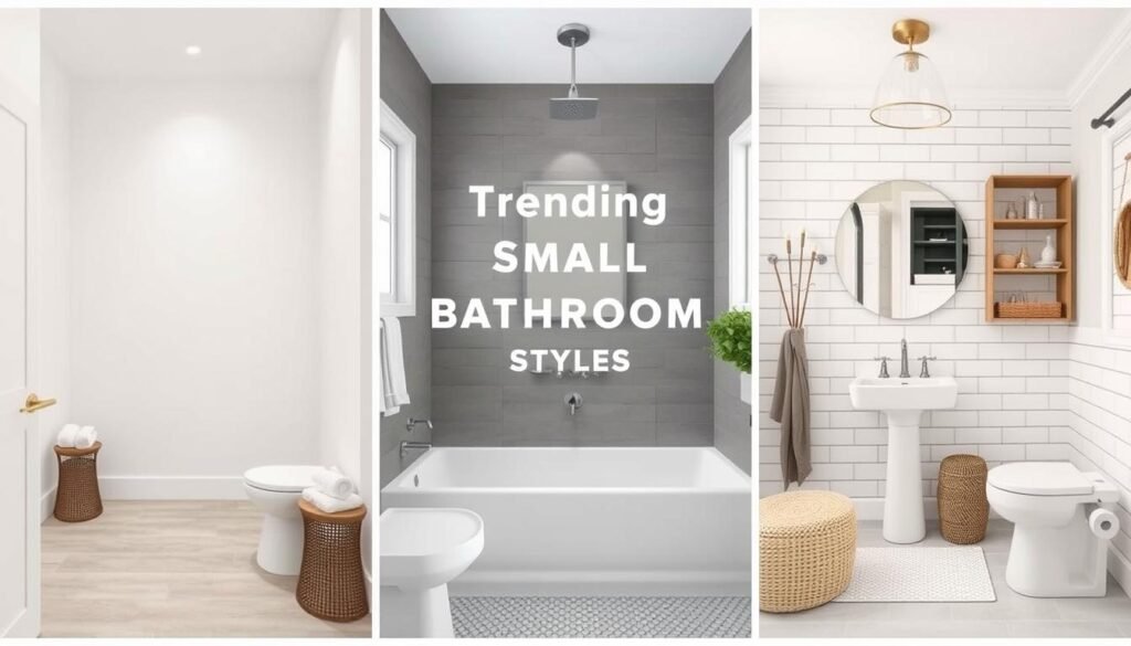 Trending small bathroom designs showing modern, farmhouse, and spa-inspired styles Trending small bathroom designs showing modern, farmhouse, and spa-inspired styles