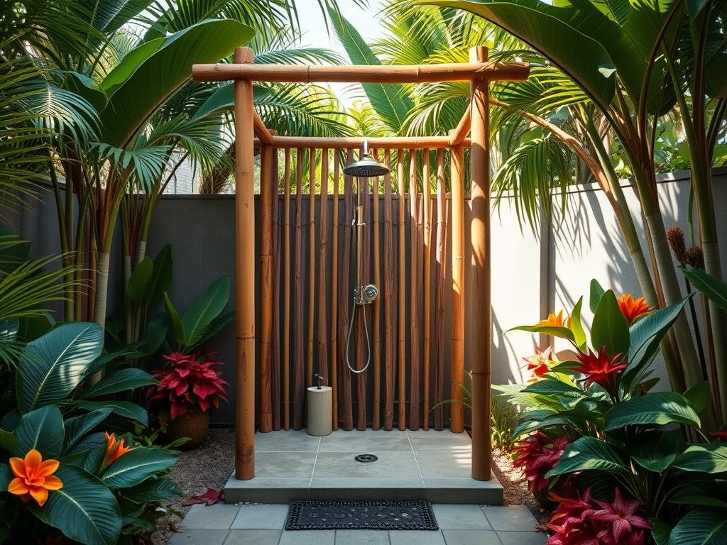 Tropical-inspired outdoor shower with bamboo enclosure and lush plants Tropical-inspired outdoor shower with bamboo enclosure and lush plants