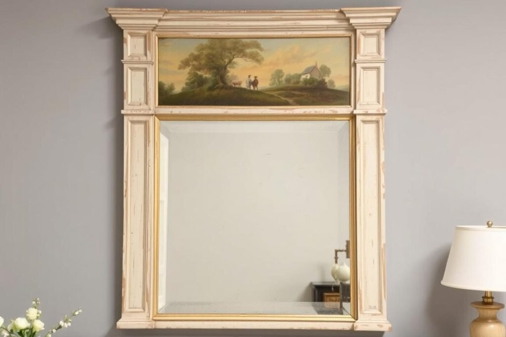Trumeau-style mirror with painted panel above mirror portion featuring pastoral scene Trumeau-style mirror with painted panel above mirror portion featuring pastoral scene