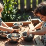 Mud Kitchen for Kids: Unleashing Creativity Through Messy Outdoor Play Two children playing at a mud kitchen, mixing ingredients in bowls with concentrated expressions showing developmental benefits